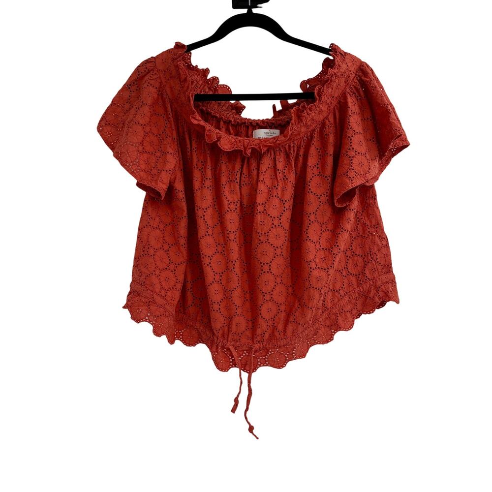 Birds of Paradis by Trovata Orange Eyelet Blouse Top Boho Wide Neck Size S